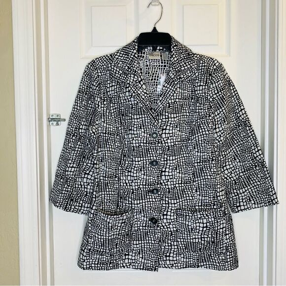Chicos Pebbled Trail Phyllis 3/4 Sleeve Jacket White and Black Size 1 - Picture 1 of 11